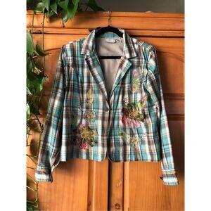 Plaid Blazer with Floral Embroidery